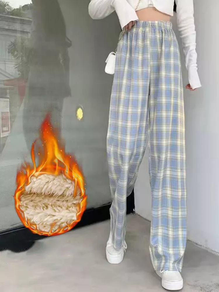 

combinaison femme ropa aesthetic y2k clothes Fashion Warm Plush Pants Thick Plaid Women Casual Loose Wide Leg Trousers Korean