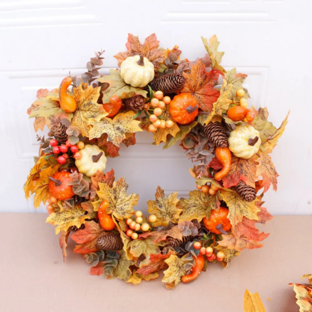 

Autumn Theme Door Wreath Artificial Pumpkin Berries Pine Cone Maple Manmade Garland Cloth Rattan Material Home Decorations