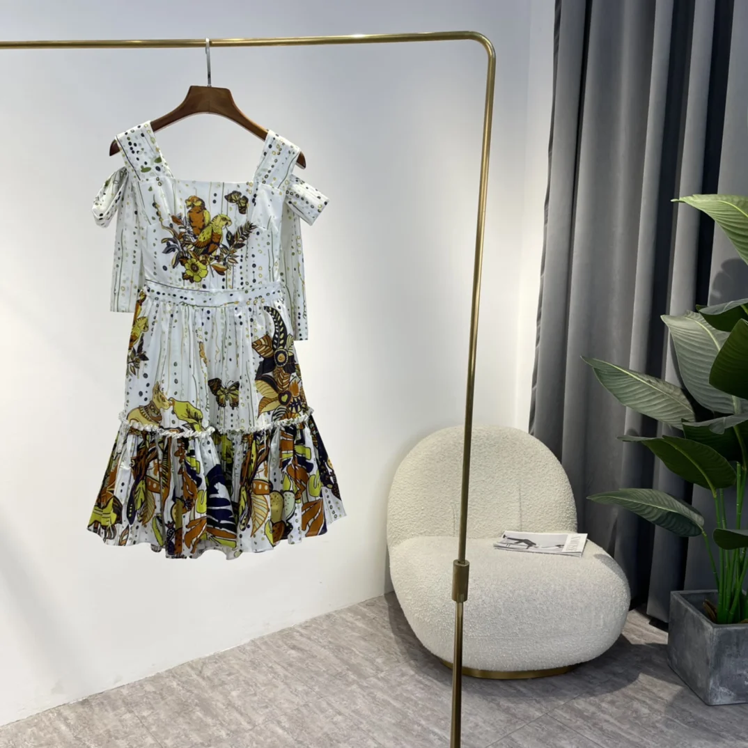 

Vintage 2022 Women Fashion Clothing Cotton Poplin Animals Print Strappy Ruffles Self Bow Tie Backless Dresses