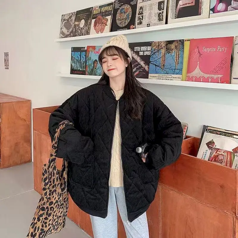 New 2021 Autumn Winter Female Overcoat Women Thick Jackets V-neck Puffer Corduroy Parkas High-Quality Warm Vintage Wild Coats