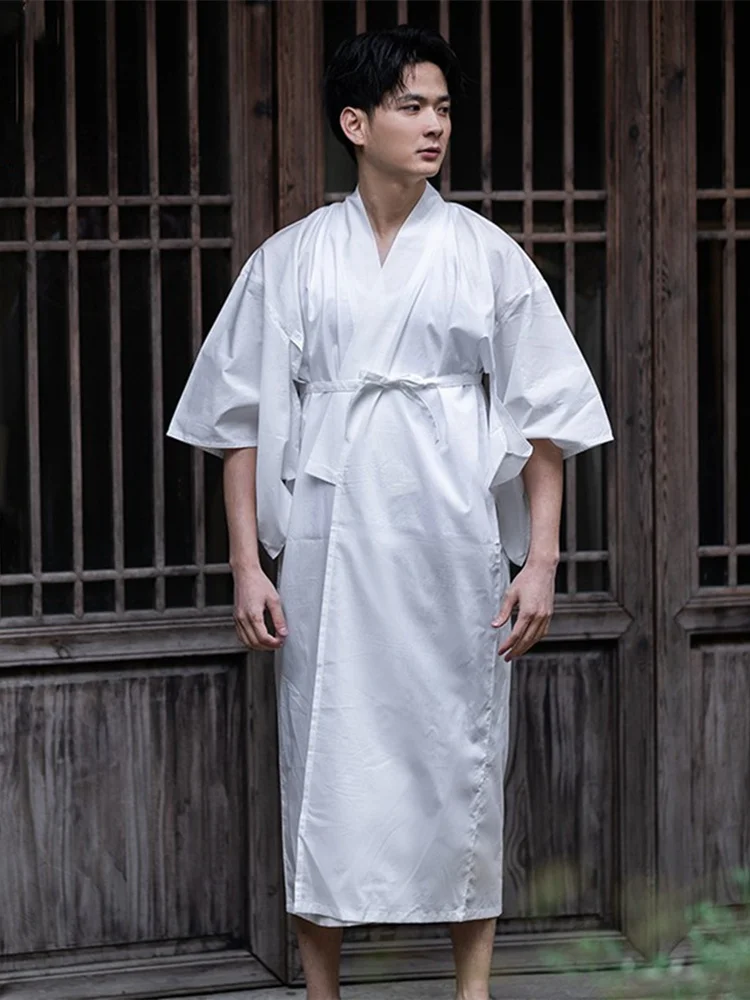 

Men's Kimono Inside Wear Unisex 100% Cotton Breathable Skin-Friendly Underwear White Shirt Bathrobe Sleeping Wear White Color