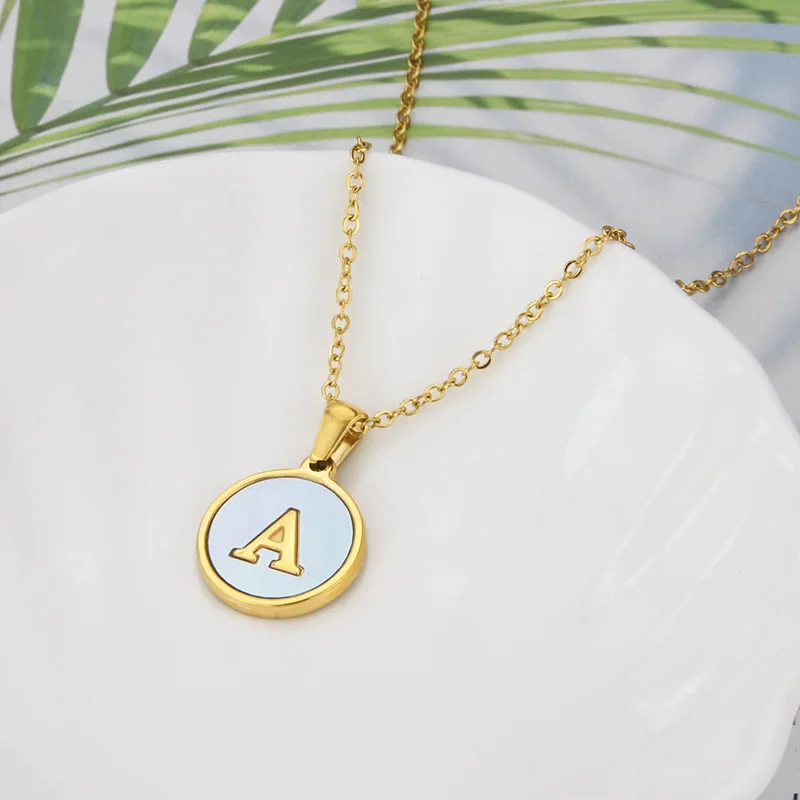GD Trendy 18K Blue Shell Letter Coin Pendant Necklace for Women Gold Plated Initial 26 Alphabet Stainless Steel Necklace Jewelry images - 6