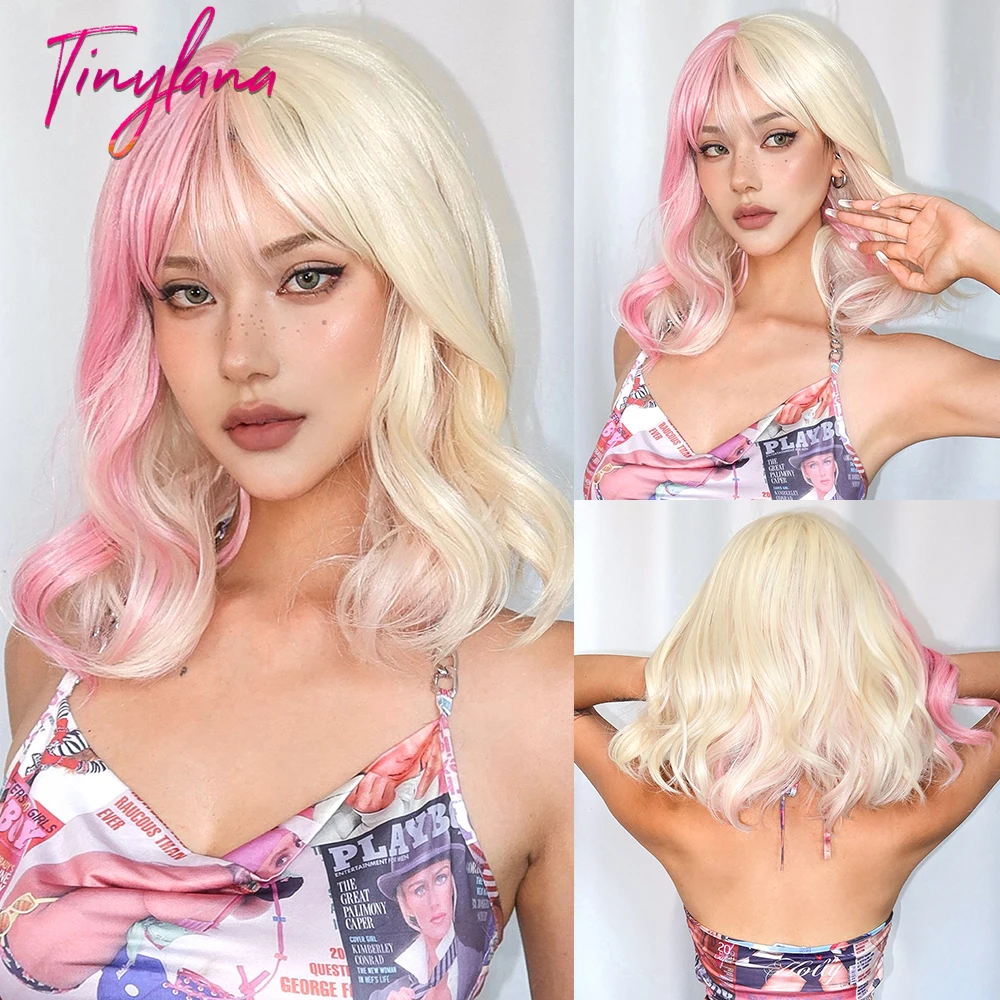 Короткие синтетические парики боб розовые блонд волнистые двухцветные