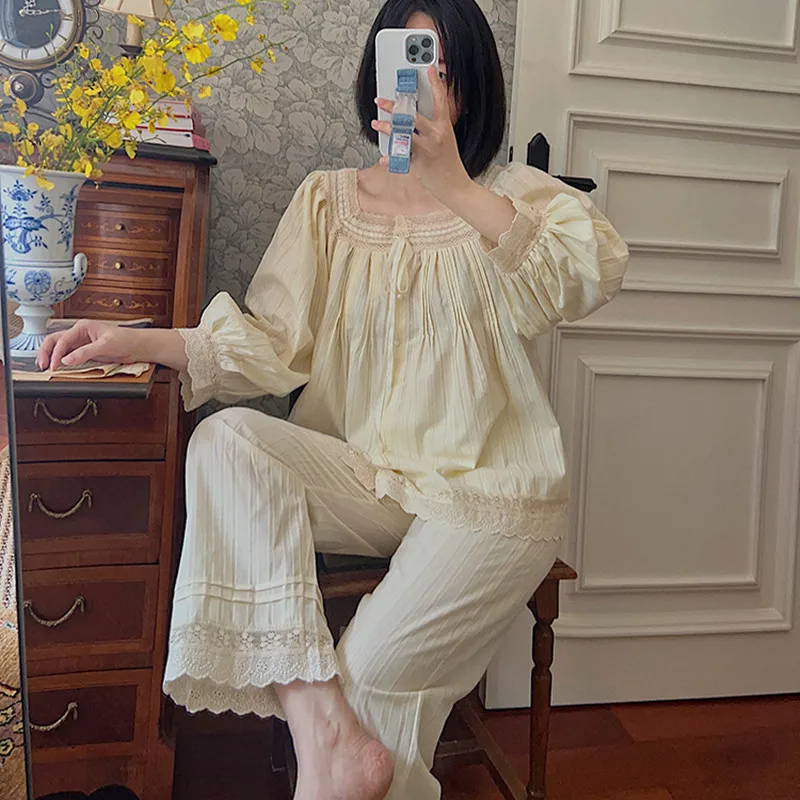 Женская весенняя одежда для сна из 100% хлопка милые кружевные пижамы с квадратным