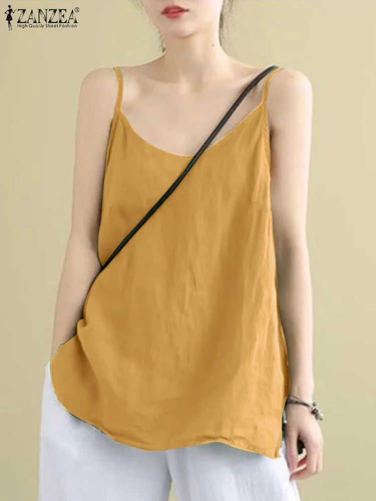 

Женская летняя однотонная блузка ZANZEA оверсайз без рукавов с О-образным вырезом на бретельках базовые пляжные Топы модная повседневная Праздничная Свободная майка