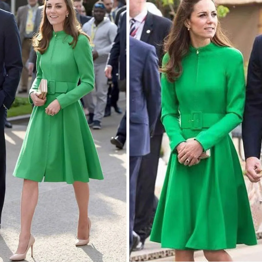 2023 New Arrival Kate Middleton Dress Clothes For Women Long Sleeve Spring Autumn Fall Midi A Line Belted Dresses Female Vestido