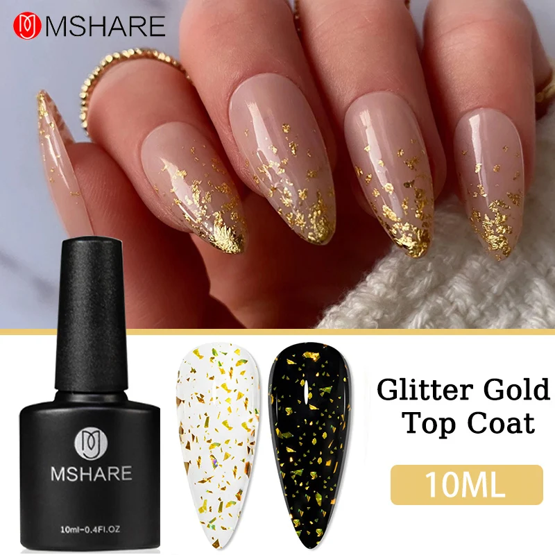 

MSHARE 10ML Glitter Gold Top Coat Base Gel Semi Permanent Glitter Nail Gel Polish UV Clear Gel Soak Off LED Lamp Nail Varnish