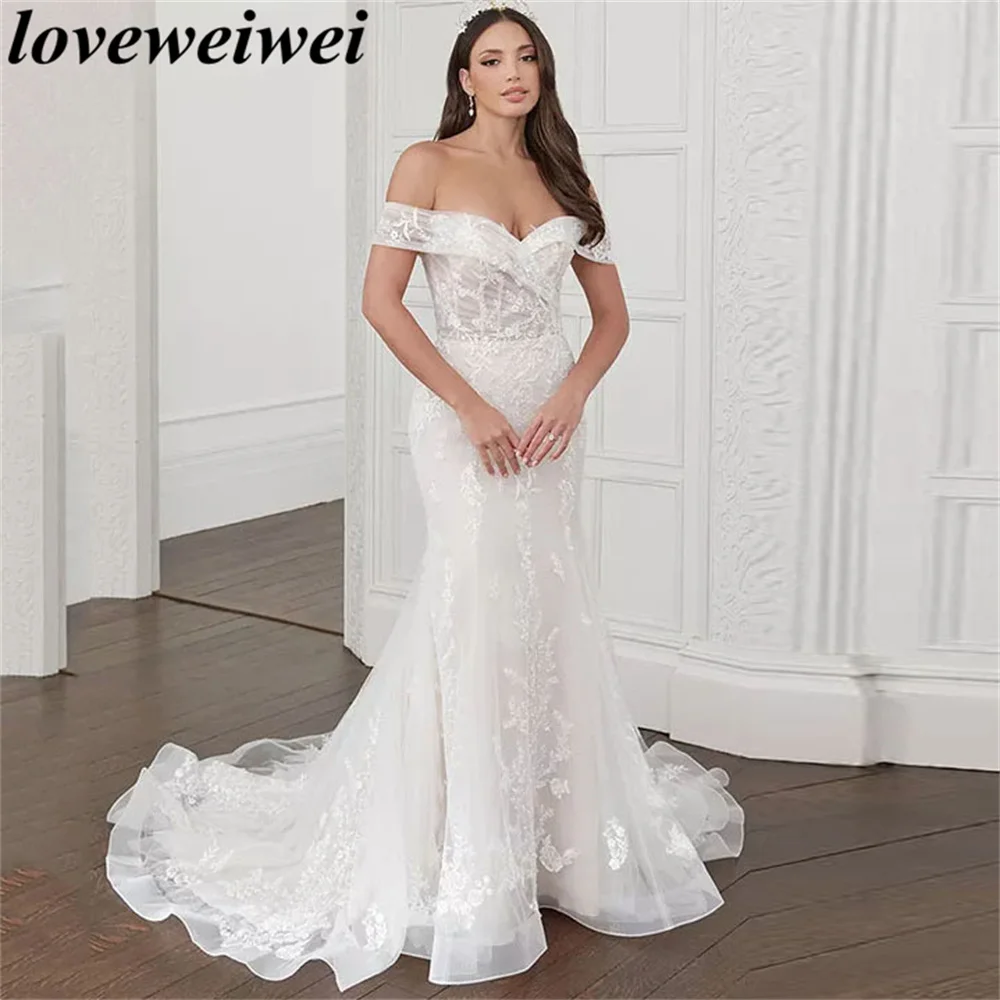

Off The Shoulder Wedding Dresses for Women Mermaid Bride Gown with Long Train Tulle Lace Applique Bridal Dress Plus Size Custom