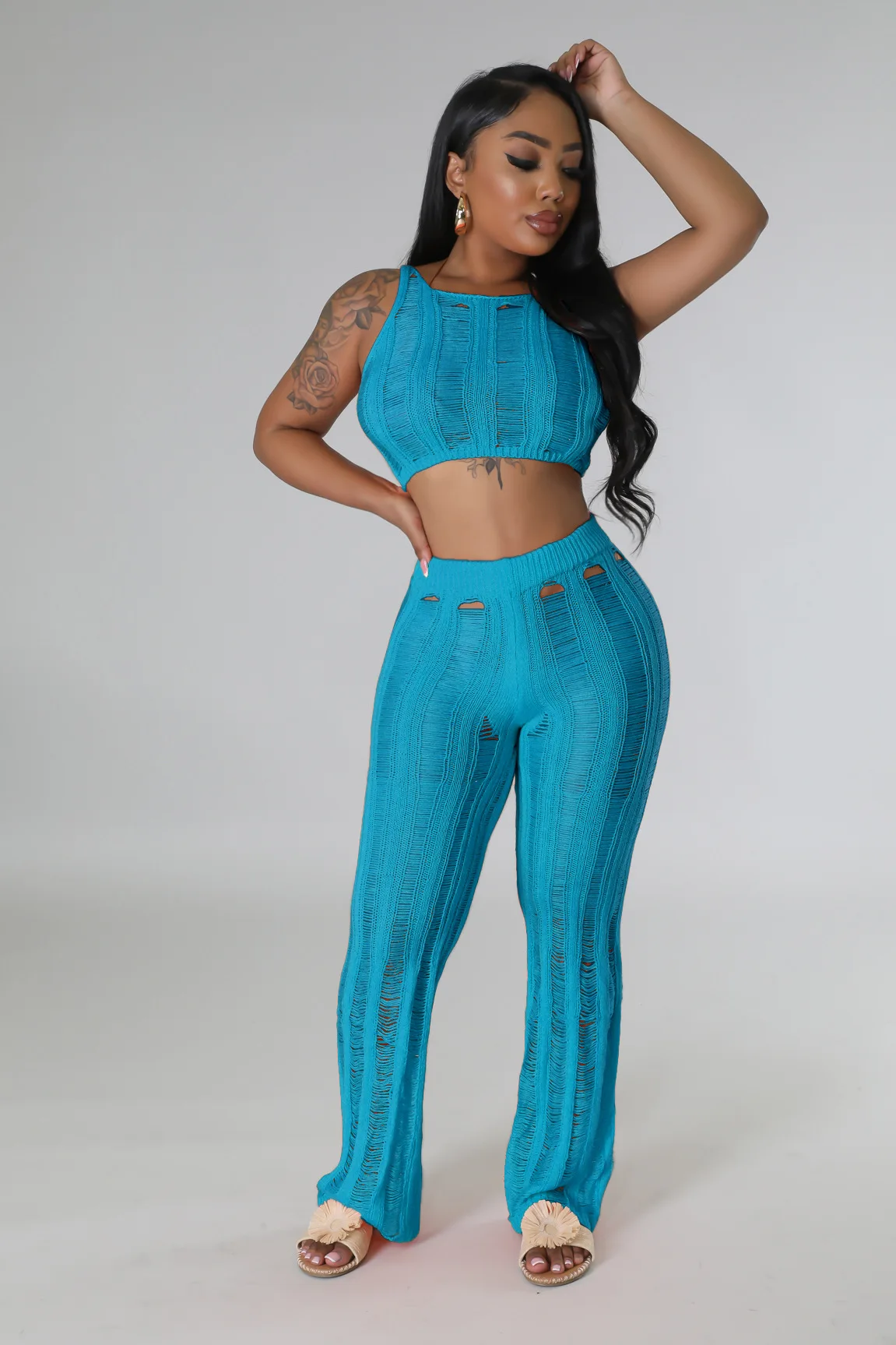 

Женский трикотажный комплект из двух предметов, жилет без рукавов и брюки с широкими штанинами