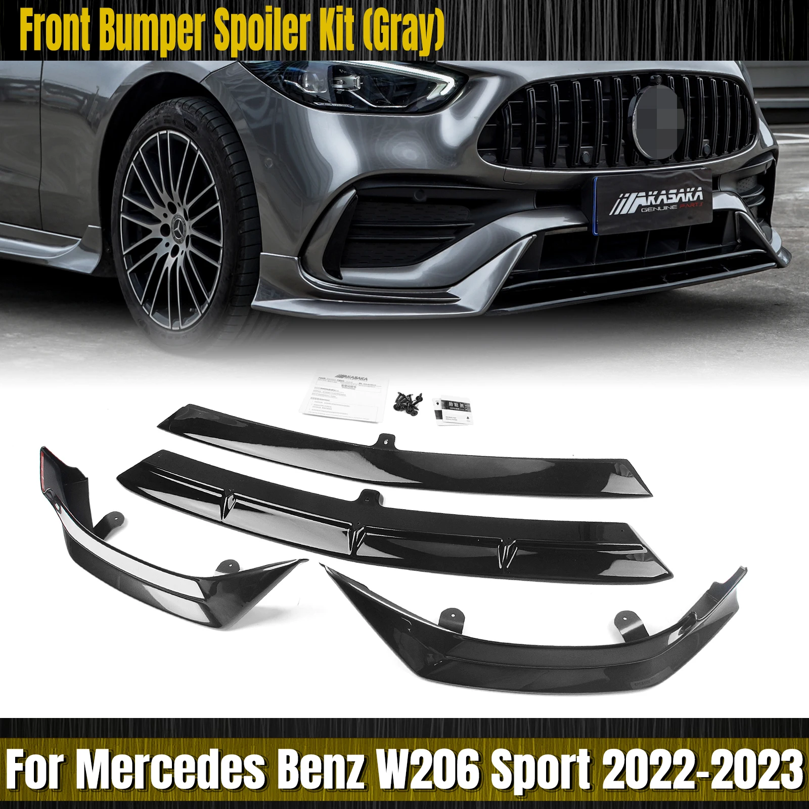 

Черный Передний бампер AKASAKA, спойлер, лезвие для губ + серый нижний боковой разделитель, крышка для Mercedes Benz C Class W206 Sport 2022-2023 C300