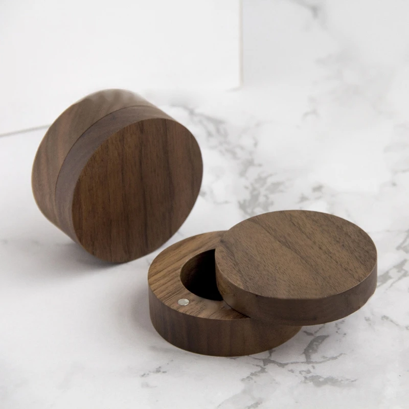 

H9ED Small Wedding Ring Box Walnut Wood Ring Case Round for Proposal Rustic Engagement Ring Holder Gift for Wedding Ceremony