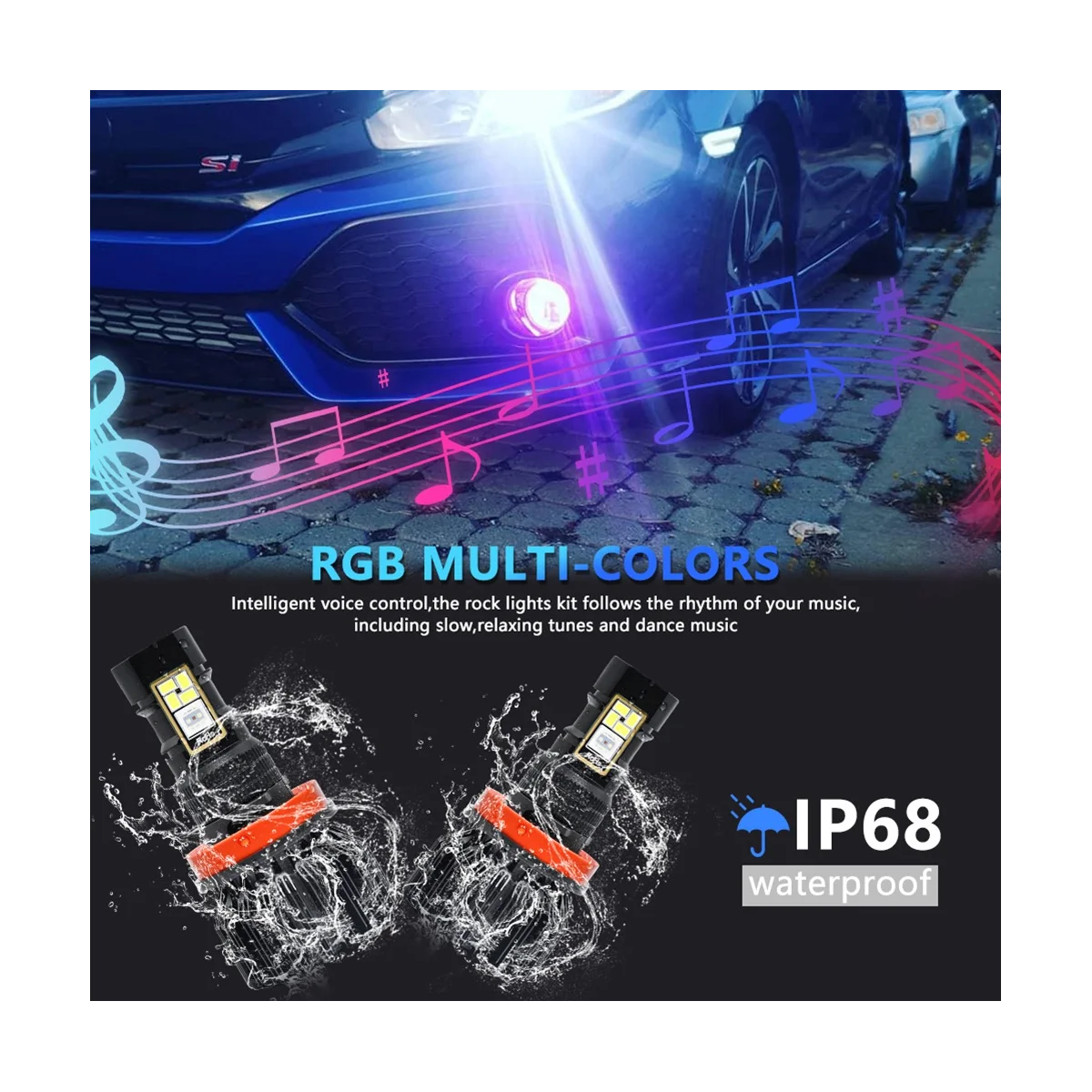 

Car LED RGB Headlight APP Bluetooth-Compatible Control Multi Colors LED Fog Lights Bulbs ,H8 H9 H11