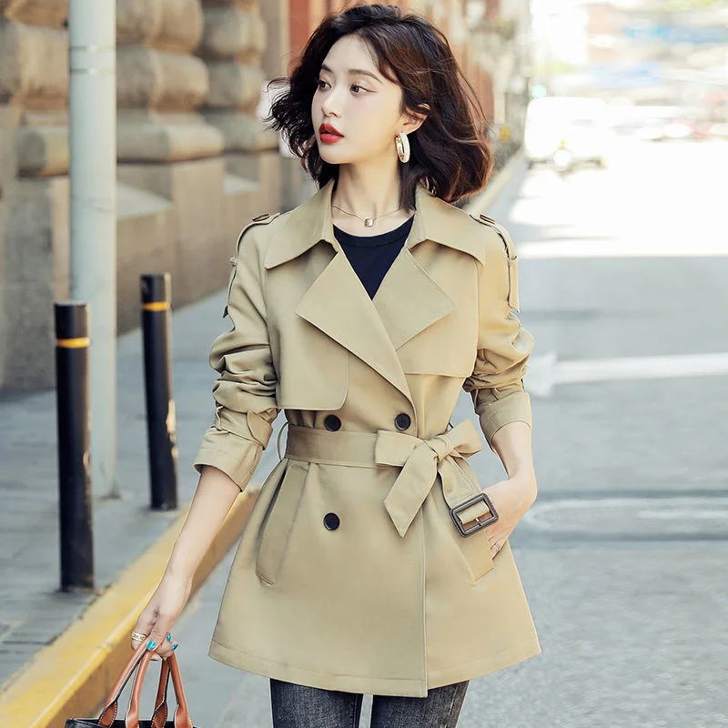 

2022 New Autumn Women Trench Coat Turn-down Collar Double Breasted Windbreaker Female Long with Belt Khaki Overcoat Femmino