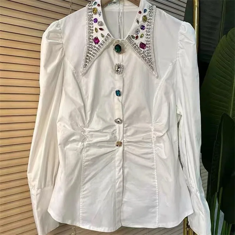 Весенне-осенние женские рубашки с лацканами из бисера и бриллиантами в стиле