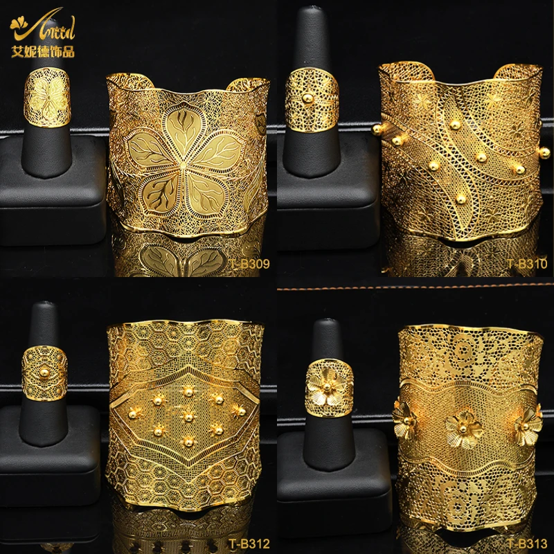 

ANIID Dubai 24K Gold Plated Jewelry Woman Bracelet Ring Set Luxury Big African Cuff Bracelet Female Wedding Hawaiian Jewelry