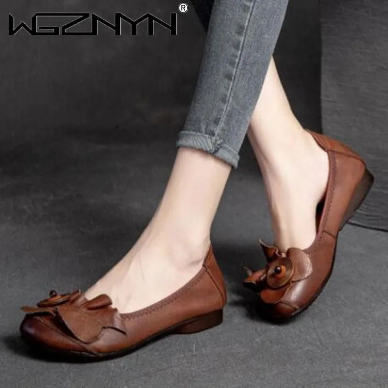 

Fashion Flats Women Shoes Retro 2022 New Spring/Autumn Genuine PU Leather Handmade Flower Concise Soft Comfortable Ladies Shoes