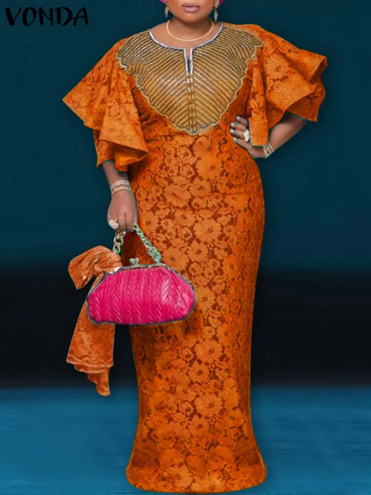 

Maxi Dress 2023 VONDA Women Summer Dress Elegant Fare Sleeve Bohemian Solid Color Turtleneck Sundress Fashion Vestido Oversized