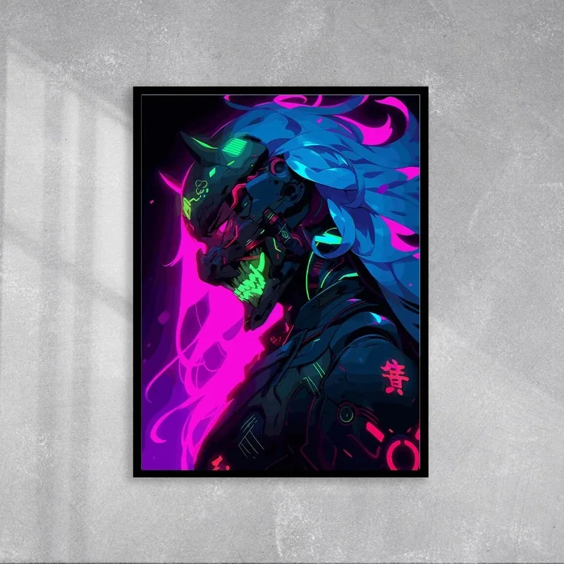 Киберпанк Самурай Девушка Холст Принт Без Рамы Настенное Искусство Японский
