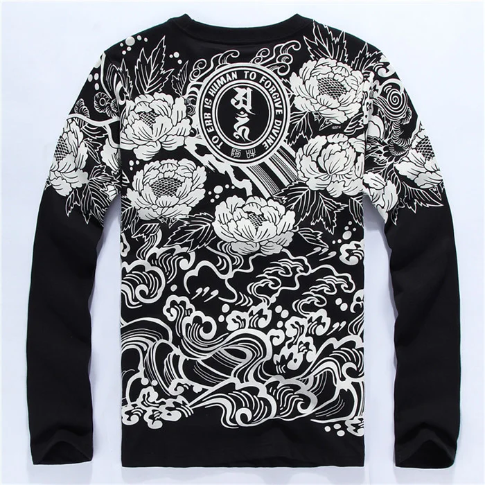 

Футболка мужская с длинным рукавом, хлопок, топ с принтом льва, лотоса, тату, японская живопись, Повседневная рубашка в стиле хип-хоп