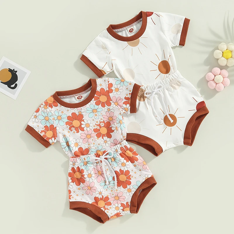 

Summer Toddler Kids Newborn Baby Boys Girls Clothes Sets Sun/Flower Print Short Sleeve T-shirts+Drawstring Shorts Casual Outfits
