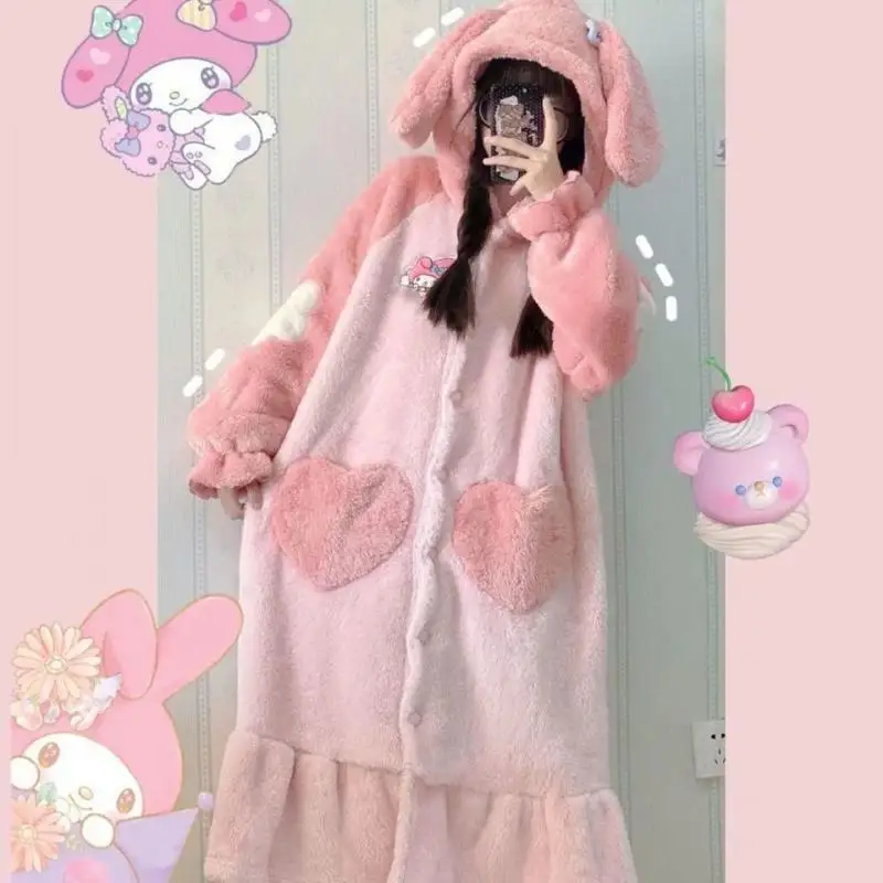 

Sanrio My Melody Толстая Коралловая Пижама кавайная аниме фигурка мультфильм плюшевые игрушки теплая Домашняя розовая женская ночная рубашка под...