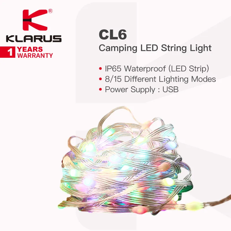 

Klarus CL6 LED String Lights, 15 Lighting Modes, Available in Warm / Colorful Lights, for Camping, Wedding, Party, Yard, Etc