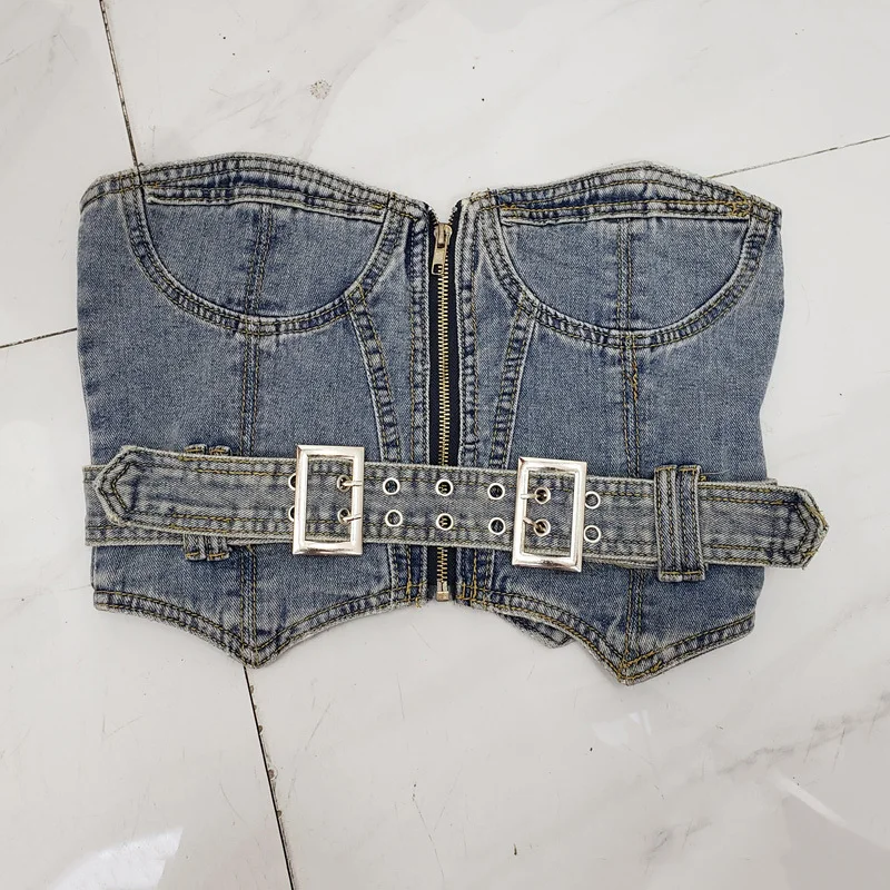 

SeeBeautiful Retro Hot Sexy Denim Zipper Top Short Suspender Vest Belt Women Summer Autumn 2022 New Fashion Tide Q487