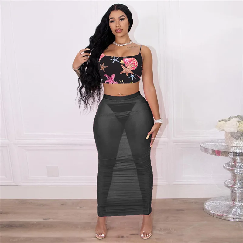

Casual Mesh Two Piece Set Women Y2K Summer Fashion Print Spaghetti Strap Slim Tops+Midnight Hollow Out Female Long Skirt