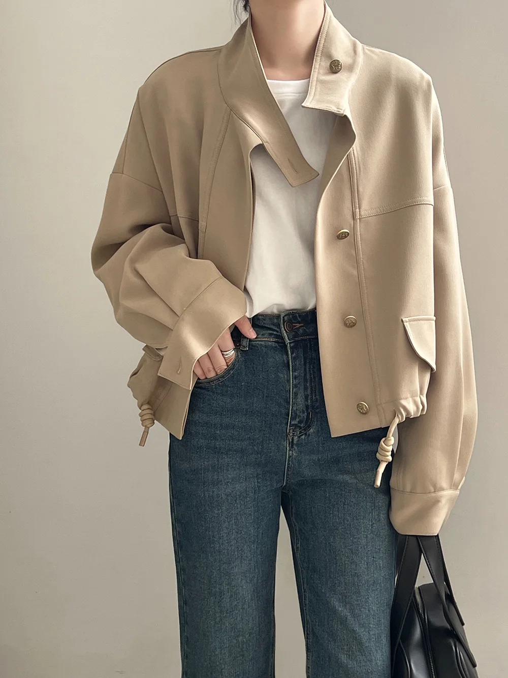 

Korean Style Solid Color Stand Collar Jacket Cardigan Women 2023 Autumn New Loose Hem Drawstring Short Single Breasted Coat.