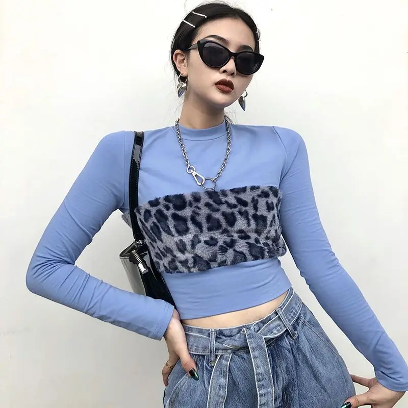 

Fashion Leopard Patchwork T-shirts Women Sexy Slim O-Neck Long Sleeve Female Short Tops Vintage Streetwear Office Lady Tees Top