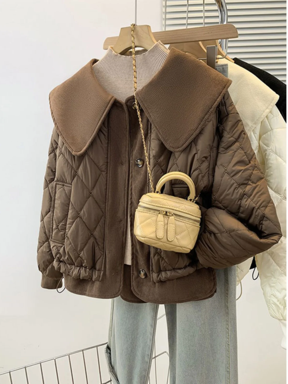 Женское хлопковое стеганое пальто с матросским воротником большие размеры