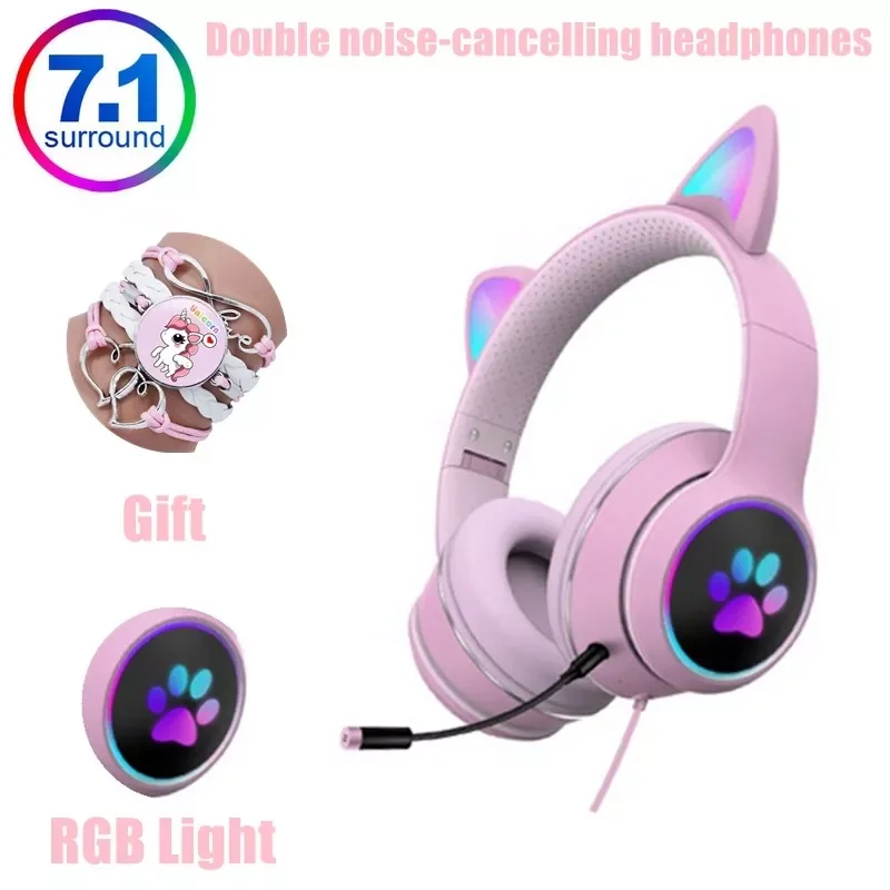 

Cat Ear Gamer Headset Girl Cute Headset Double Noise-Cancelling Headphone With Microphone RGB Light Virtual 7.1 Auriculares Gift