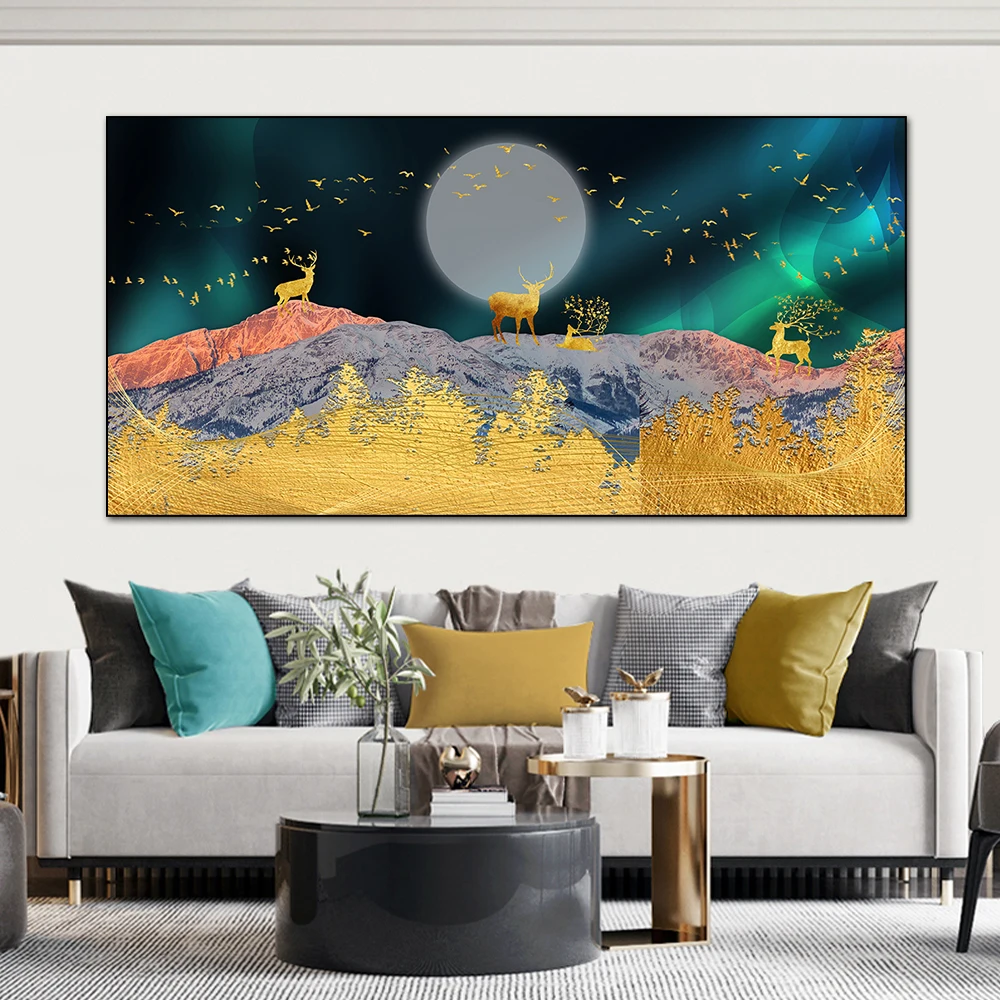 

Golden Deer Abstract Landscape Canvas Paintings Nordic Modern Artwork Aesthetic Wall Art Poster Pictures Prints Room Decor