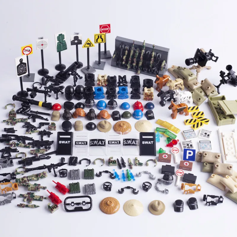 

Строительный блок MOC Gun, шлем SWAT, Современное военное оружие, полиция, собака, раствор, Сумка с песком, дорожный знак, щит, детали, фотоподарок ...