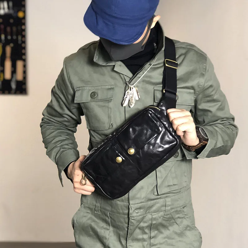 Fashion daily light genuine leather men's small chest bag casual vintage luxury natural real cowhide teens phone messenger bag