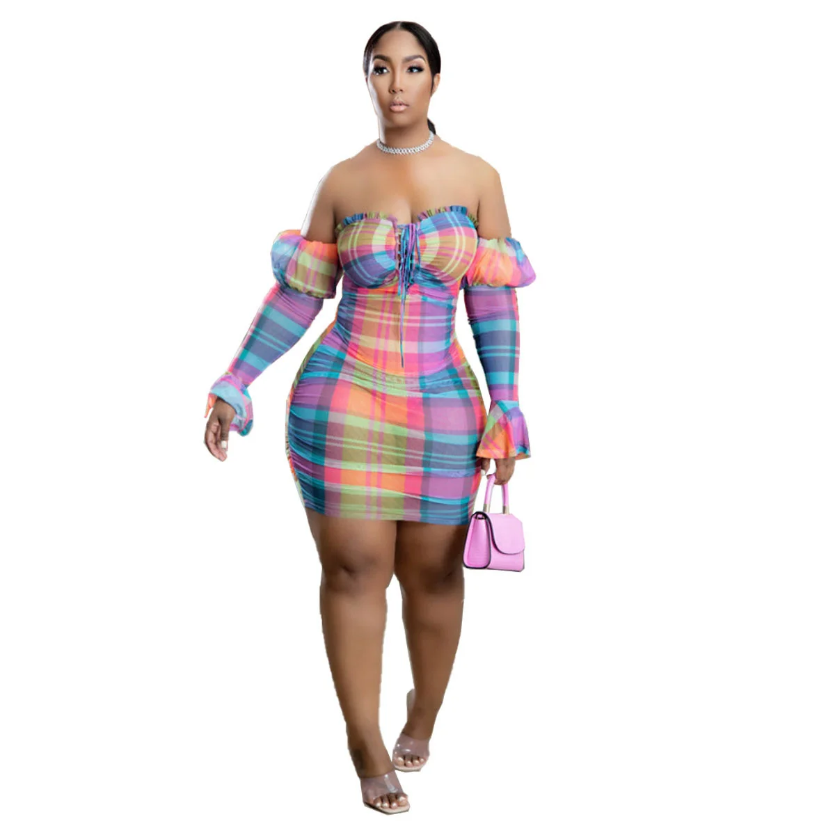 Платье Zoctuo женское клетчатое с принтом вечерняя одежда открытыми плечами для