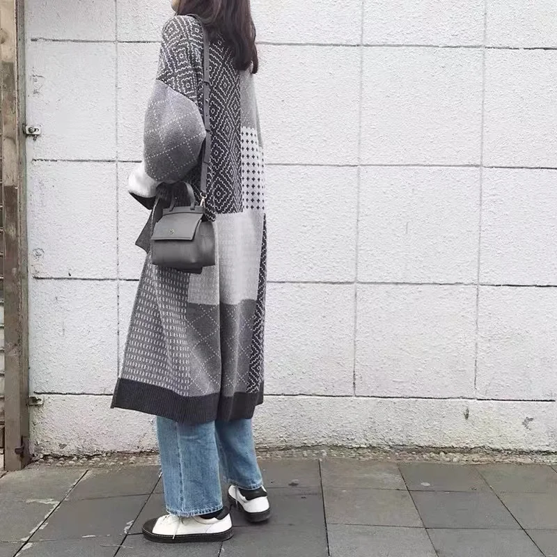 Зимний женский длинный прошитый кардиган свитер утолщенный v-образный вырез