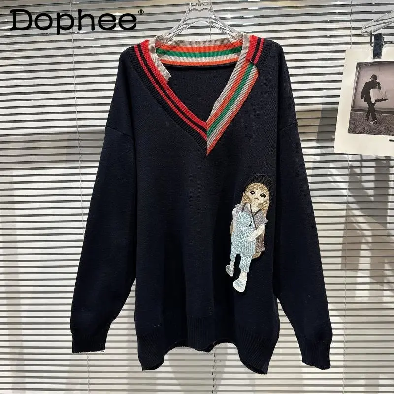 

Женский трикотажный свитер в полоску, Синий Свободный пуловер с V-образным вырезом и вышивкой, зима 2022