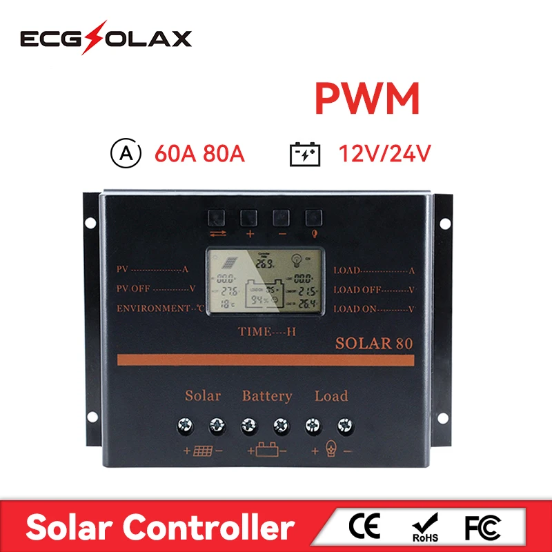 Контроллер заряда солнечной батареи ECGSOLAX PWM 80 А 60 А 12 В 24 В, автоматическое зарядное устройство, регулятор солнечной панели с ЖК-дисплеем PV Max 50 В постоянного тока