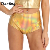 tiaobug fashion women shiny metallic faux leather zipper high waist pole dance shorts rave festival clothing sexy lady club wear