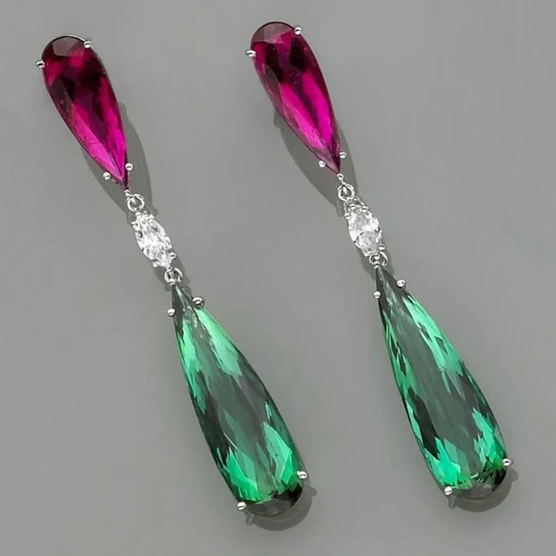 

Luxury Green Zircon Drop Shape Boho Earrings for Women Fashion Engagement Jewelry Long Purple Crystal Stone Dangle Earrings