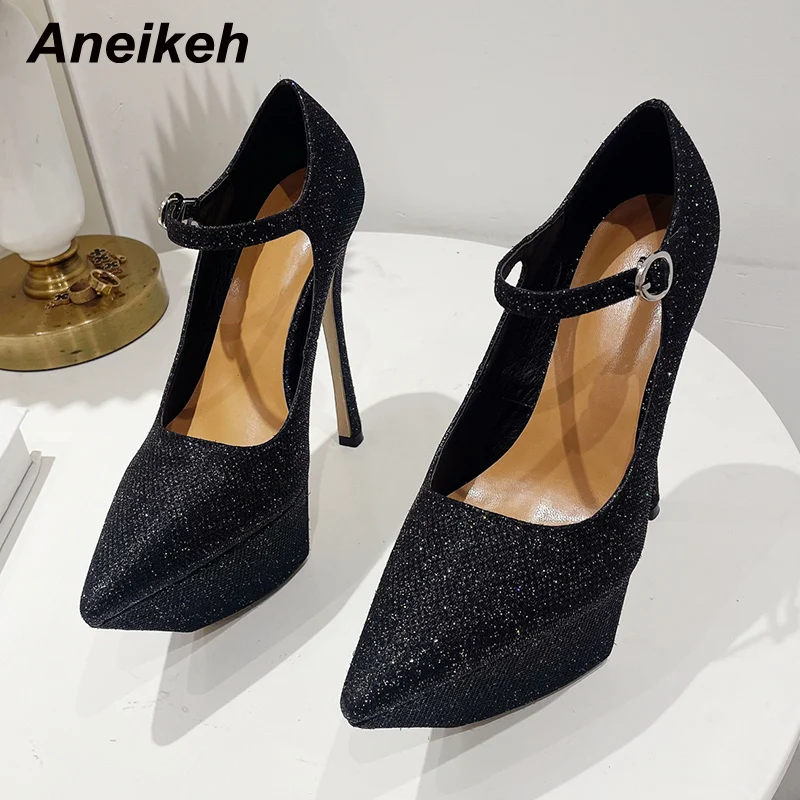 Aneikeh 2023 Sequins Leather Sexy Pointed en Ladies Platform Pumps High Heels Shoes for Women Summer Thin Heels Fashion Shoes