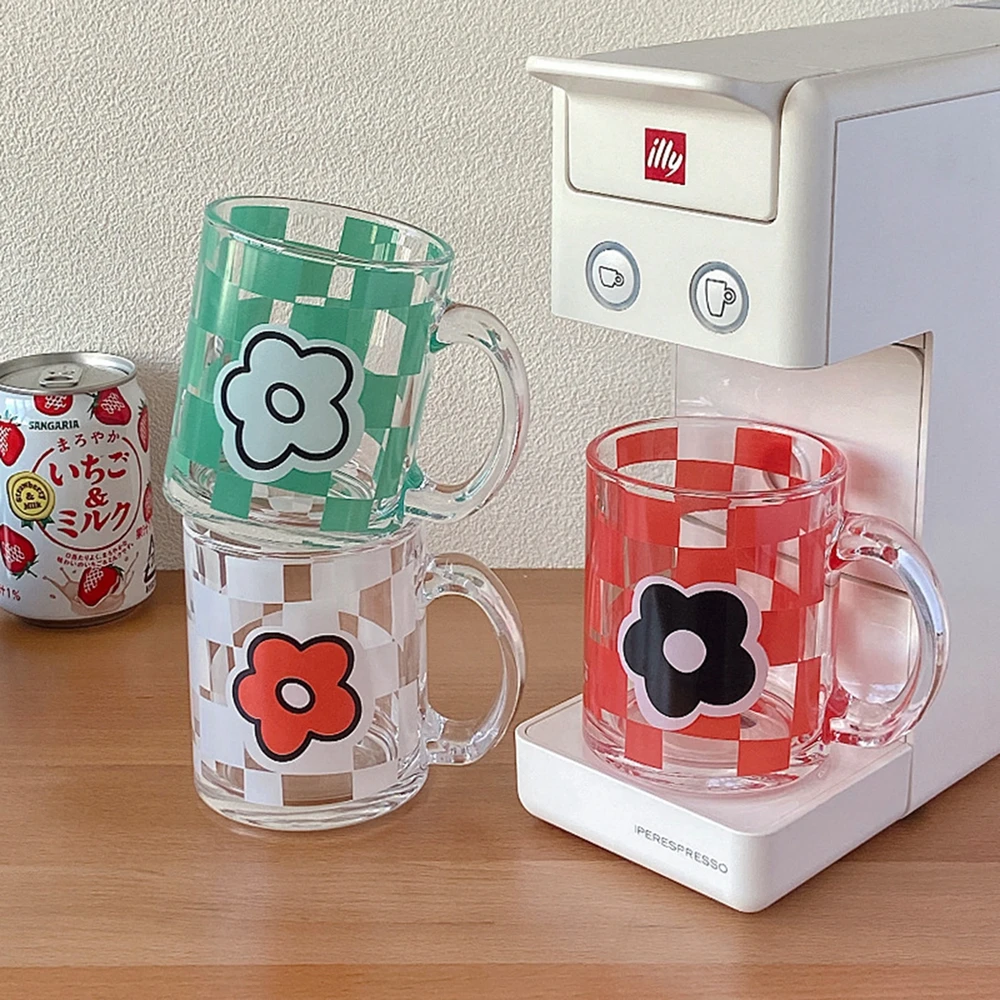 

Checkerboard Flower Glass Lovely for Home Hotel with Handle Borosilicate Glass Glass Mug Juice Breakfast Milk Cup
