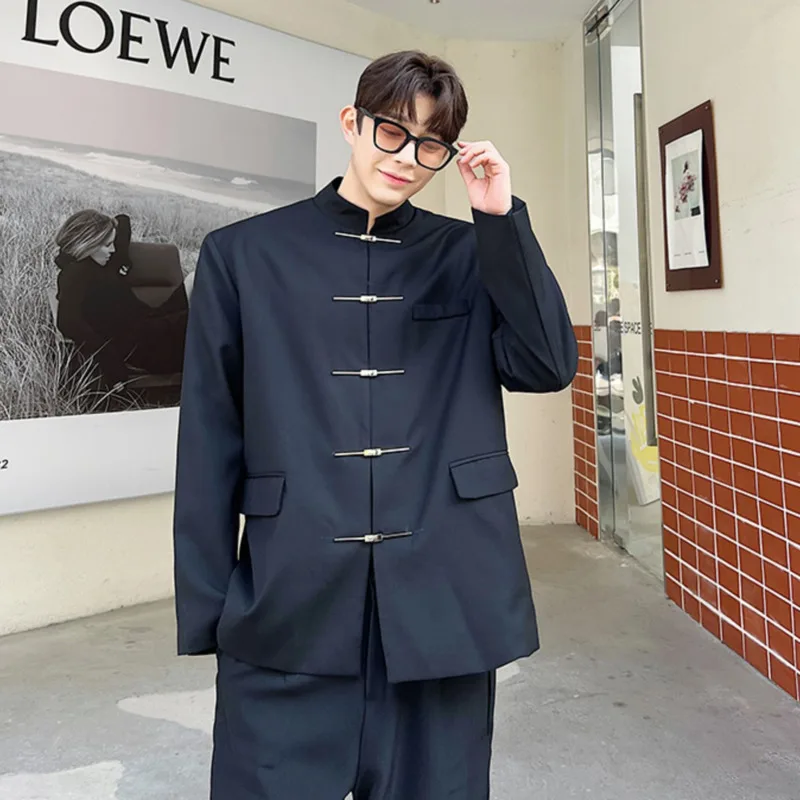 

SYUHGFA Men's Blazer Trendy Chinese Style Stand Collar Suit Personalized 2023 Autumn Metal Buckle Blazers Male Clothing