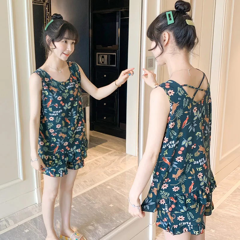 Womens Pajamas Set Summer Floral Printed Tank And Shorts Pajamas Set for Women Soft Cotton Sleepwear Loungewear 2 Piece PJS Sets