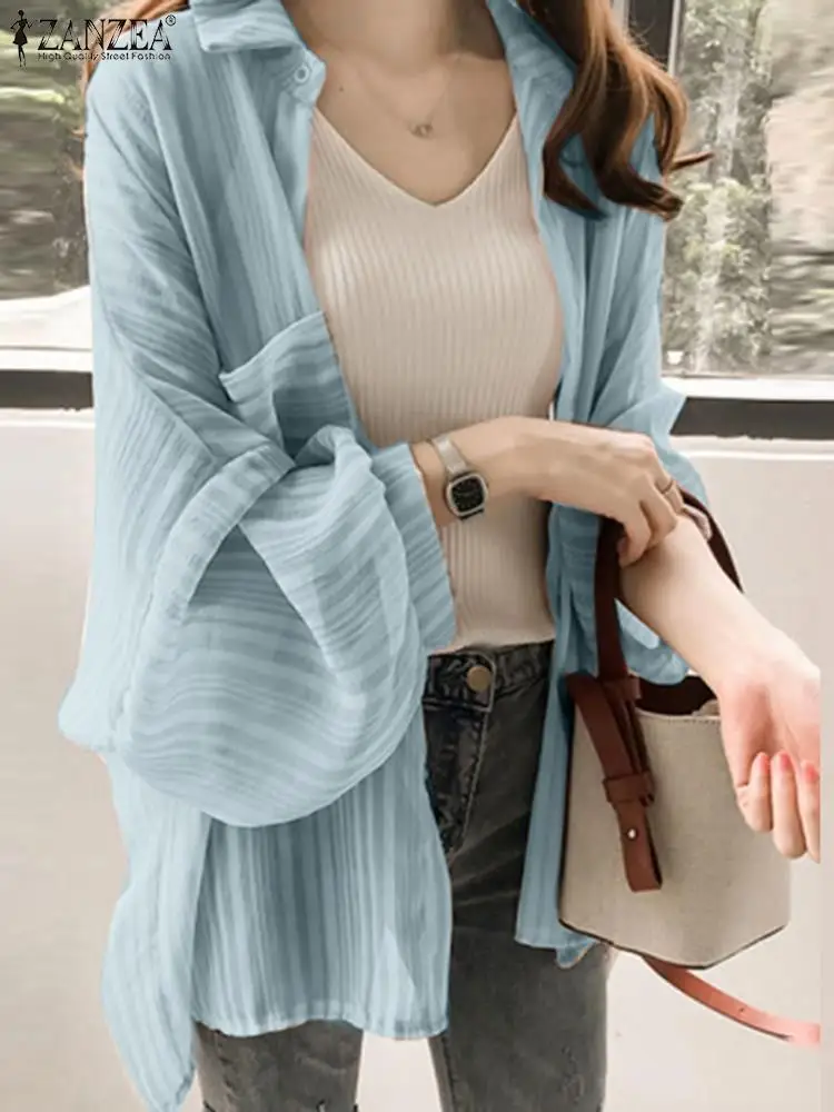 

Летние топы ZANZEA, женская блузка с длинными рукавами на пуговицах, Пляжное кимоно, модное женское кимоно в полоску