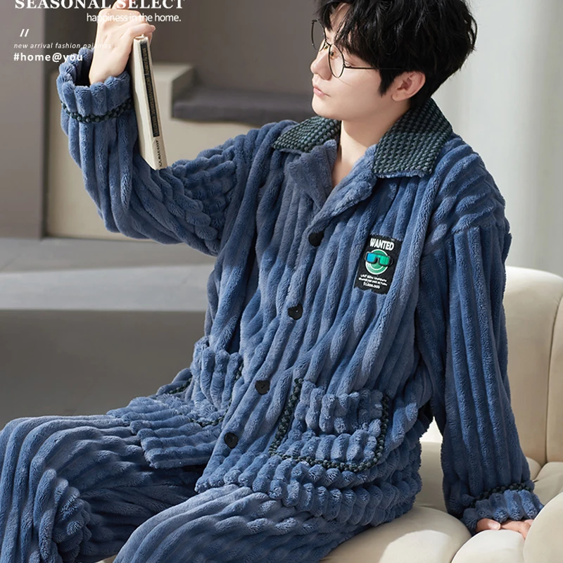 QUHENG Autumn Flannel Men's 2022 Winter Thicken Warm Pajamas Sets Male Long Sleeve Trousers Nightgown Sleepwear Home Clothing