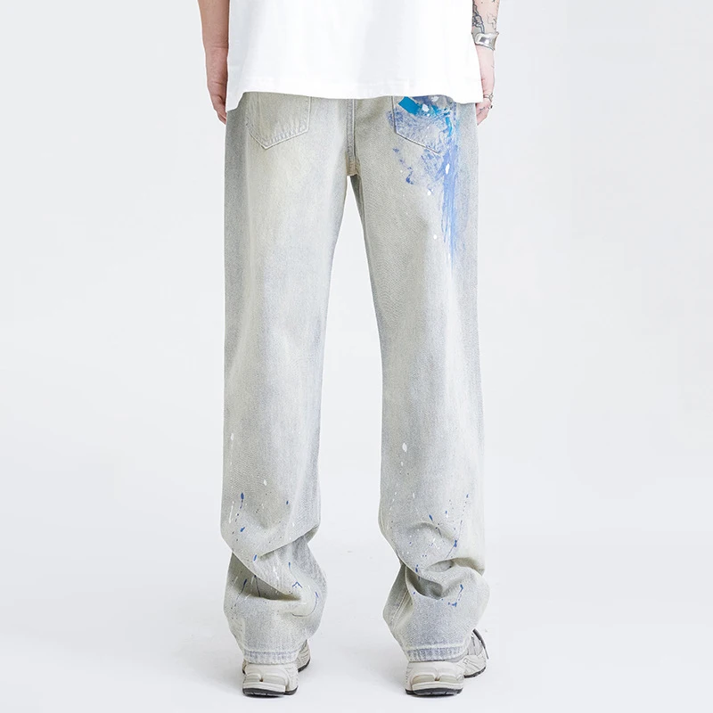 Men Jeans American Style High Street Ripped Retro Ink Splash Loose Jeans Y2k Pants Men Korean Fashion Streetwear Jeans Aestethic