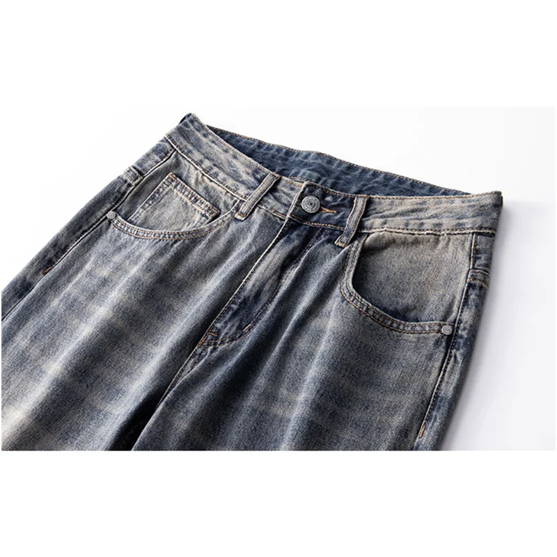 Streetwear Men New Pattern Hole Blue Jeans Vintage Loose Recreational Straight Cylinder Mopping The Floor Trousers Autumn Female