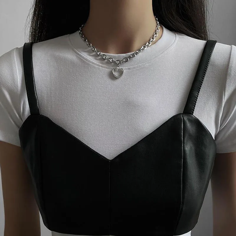 

Punk Thick Lock Chain Heart Shape Pendant Short Choker Necklace For Women 2023 New Retro Silver Color Metal Necklace Jewelry